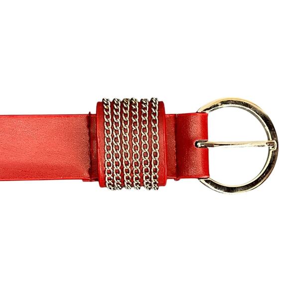 Red Faux Leather Sliver Chain Accent  Size 32"-36" - Picture 3 of 6
